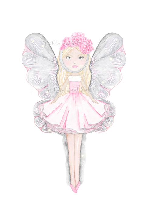 Beloved Bell doll fairy print, in pink and greys with a flower crown and beautiful wings