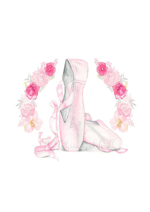Ballet Shoes fine art print with pink flowers for girls bedroom, nursery, birth print, modern home decor. Australian watercolour artist