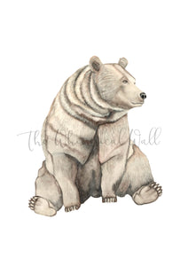 Bear fine art print in watercolours, for nursery, childrens bedroom, playroom. Modern woodland animal.