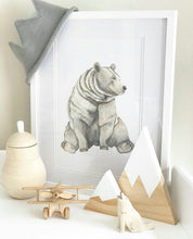 Bear fine art print displayed on a shelf with handmade products. Scandi home decor for boys bedroom, nursery, playroom. Modern Woodland animal.