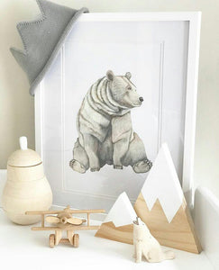Bear fine art print displayed on a shelf with handmade products. Scandi home decor for boys bedroom, nursery, playroom. Modern Woodland animal.