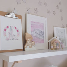 Styled shelf with fine art prints from Australian artist, ships worldwide. Girls bedroom, modern scandi home decor. Boutique quality art prints and hand made.
