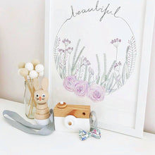 Fine art print, Lavender flowers in a wreath on a shelf, styled with hand made wooden products from Instagram. Australian watercolour artist. Decor for kids and childrens spaces.