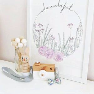 Fine art print, Lavender flowers in a wreath on a shelf, styled with hand made wooden products from Instagram. Australian watercolour artist. Decor for kids and childrens spaces.
